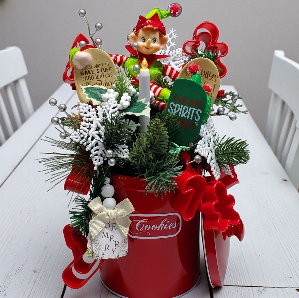 Homemade Festive Red Holiday Cookie Tin with Elf Decor Arrangement